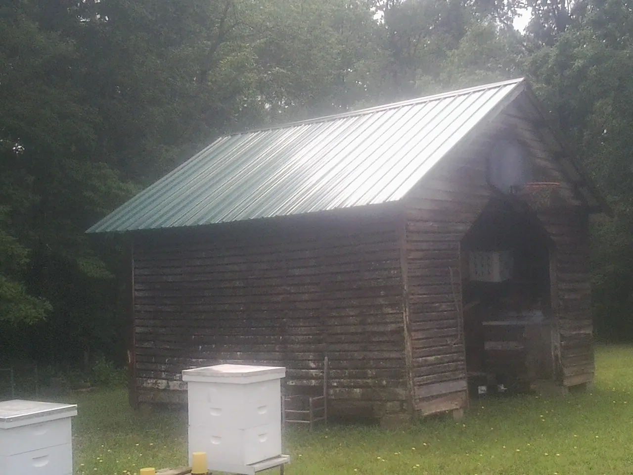 Green metal roof on a weathered barn beside stacked beehives in Brooklet